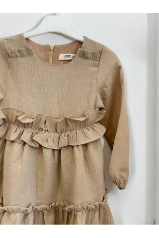Kız Çocuk Pamuklu Mevsimlik Astarlı Fırfırlı Bol Elbise-14441 Bej