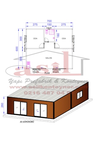 42 M² 2+1 Dış Ahşap Desenli Betopan, İç Betopan Hazır Ev