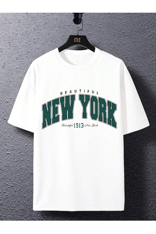 New York 1513 T-shirt - Beyaz Baskılı Oversize Bisiklet Yaka Kısa Kol Tişört Beyaz