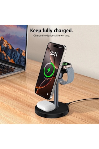 Honeybeeshop Mor 3lü 1 Arada Manyetik Kablosuz Şarj Standı Isı Dağılımı İphone İOs Watch Uyumlu Airpods