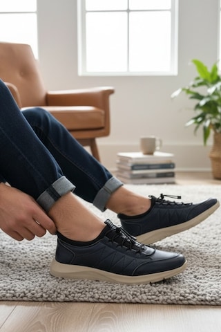 Enoch Hakiki Deri Lacivert Zikzak Nakışlı Erkek Sneaker Ayakkabı Ortopedik Taban Lacivert
