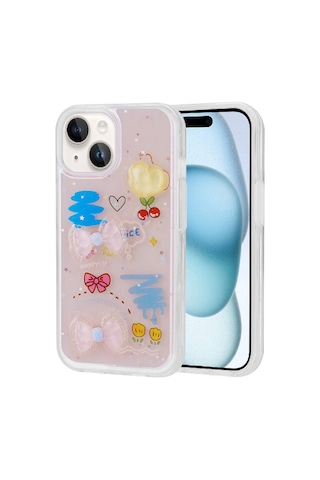 Zore Apple iPhone 15 Uyumlu Kabartma Figürlü Parlak Omsy Minimini Silikon Kılıf-pembe
