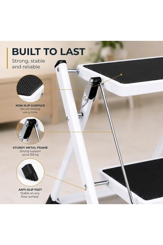 Tr Katlanabilir Metal Basamaklı Tabure Merdiven, 2 Basamaklı Kaymaz Yüzeyli 150 Kg Kapasiteli Kompakt Katlanır Ev Of Genel