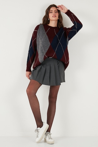 Lela Oversize Fit Bisiklet Yaka Baklava Desenli Bayan Kazak 4615578 Bordo