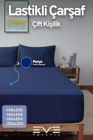 Eve Tekstil Fitted Yüksek Kaliteli Penye Kumaş Çift Kişilik Lastikli Çarşaf Lacivert