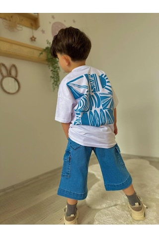 Miniko Kids Erkek Çocuk Kot Cep Kapri Modelli Pamuk Şortlu Takım Beyaz