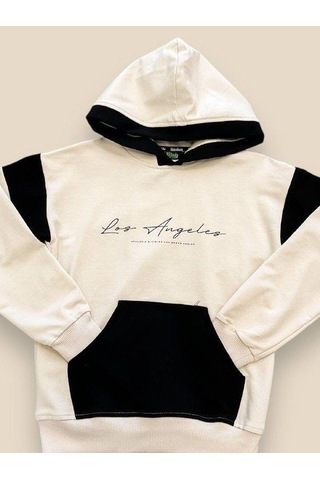 Erkek Çocuk Kapüşonlu Los Angeles Yazılı Pamuklu Sweatshirt-14694 Bej