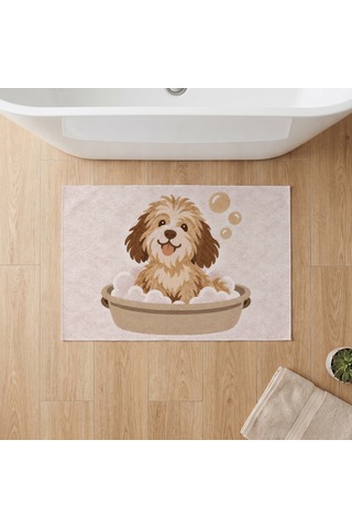 Kartela Halı Köpek Desenli Banyo Paspası Gül Kurusu Kaymaz Taban Makinede Yıkanabilir 60x90 Cm