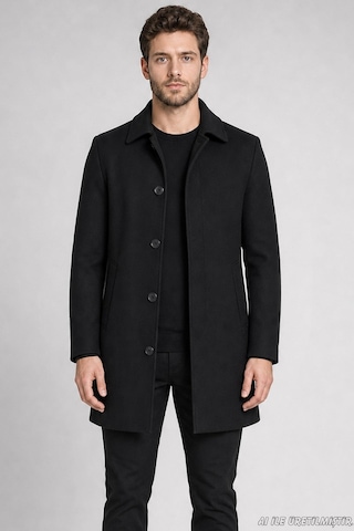 Freemen Erkek Slim Fit Klasik Yaka 3 Düğmeli Kısa Kaşe Kaban-417 Siyah