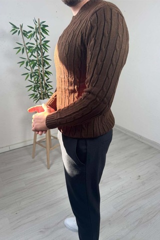Explode - Erkek Kahve Örgülü Slim Fit Bisiklet Yaka Triko Kazak Kahverengi