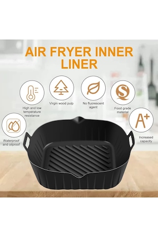 Saplı Silikon Tencere, 8.6 İnç Yeniden Kullanılabilir Hava Fritöz Kaplamaları, Siyah Siyah