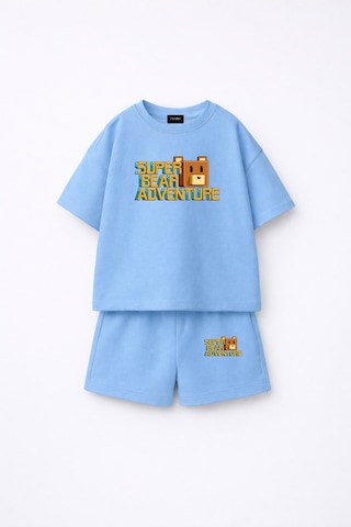 Fasardi Super Bear Adventure Süper Ayı Baskılı Oversize %100 Pamuk Tişört Şort 2li Çocuk Takım Mavi