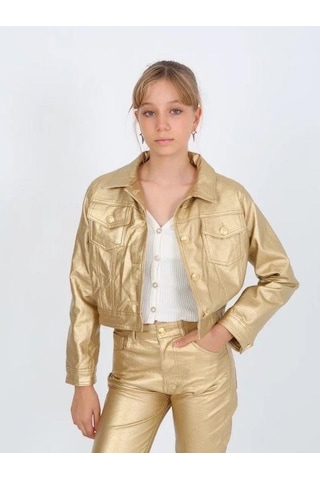 Kız Çocuk Gold Deri Ceket-14817 Altın
