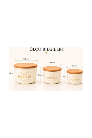 3 Lü Kapaklı Retro Dizayn Saklama Kabı Seti, Bambu Kapaklı, Mika Erzak Saklama Kabı, Bpa, Silikon Contalı Saklama Kutusu Krem