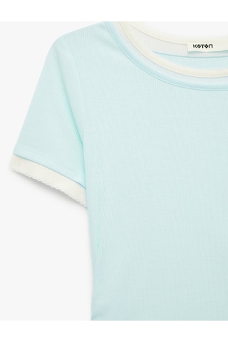 Koton Slim Fit Bisiklet Yaka Kısa Kollu Katmanlı Dantel Detaylı Tişört Mavi 6sak50468ek