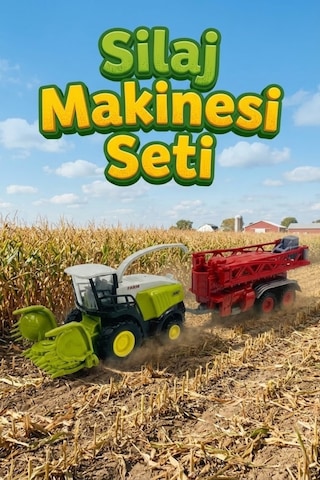 Diecast Metal Silaj Makinesi Ve Römork Seti - Oyuncak Biçerdöver Çiftlik Aracı - Yeşil Traktör
