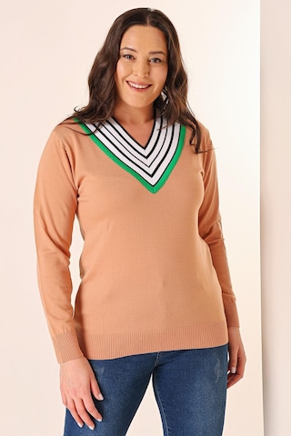 Şeritli V Yaka Büyük Beden Triko Kazak-35355-soğan Kabuğu Açık Turuncu