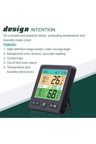 Ts-6211 Çok İşlevli Dijital Higrometre Termometre Büyük Ekran Sıcaklık Nem Monitörü Elektronik Saat - Siyah Siyah