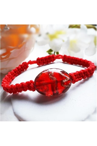 Kırmızı Altın Yaldızlı Hint Boncuğu Makrome Örme Kadın Bileklik Kırmızı