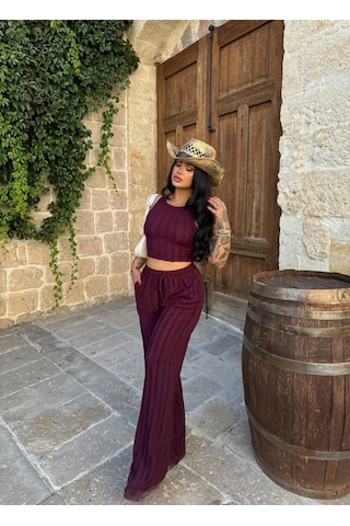 Evoa Kadın Bordo Halter Yaka Crop & Bol Paça Pantolon Fırfır Detaylı Gagari Takım Bordo Bordo
