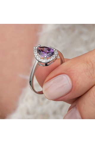 Gümüş Damla Mor Taşlı Kadın Yüzük Gümüş
