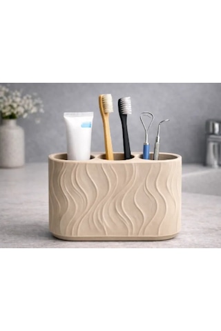 3d Baskı Üç Bölmeli Diş Fırçalık Dalga Desenli Banyo Organizeri Minimalist Diş Fırçası Tutucu Bej