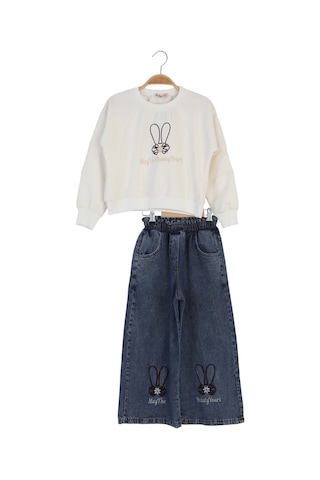 Erdem Kıds Kız Çocuk Bayramlık Günlük - Casual Geniş-bol Paça Palazzo Kot Pantolon-sweatshirt İkili Takım Beyaz - Mavi Beyaz - Mavi