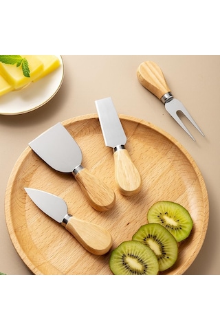Premium 4&apos Lü Peynir Bıçağı Seti, Paslanmaz Çelik Bıçaklar Ve Meşe Saplı, 12.5 Cm Uzunluk, Peynir Ve Tereyağı İçin Mutfak Araçları Açık Ceviz