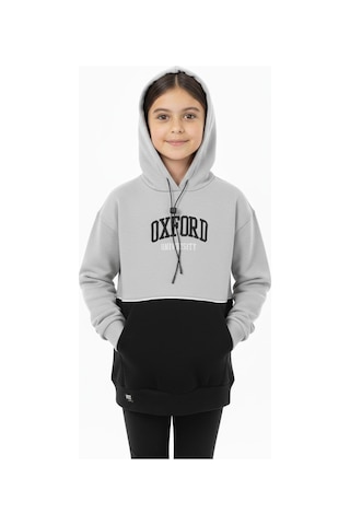 Kapşonlu Oxford Baskılı Kanguru Cepli Kız Çocuk Sweatshirt-90862 Gri