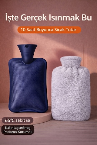 Sıcak Su Torbası Yumuşacık Peluş Kılıflı Sıcak Su Torbası 2l Kapasiteli Yıkanabilir Kılıf Gri