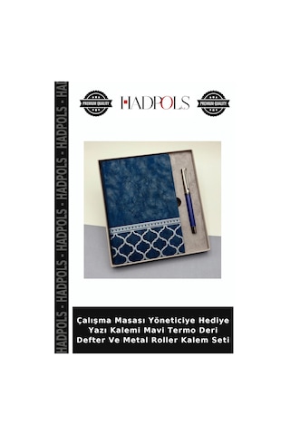 Çalışma Masası Yöneticiye Hediye Yazı Kalemi Mavi Termo Deri Defter Ve Metal Roller Kalem Seti