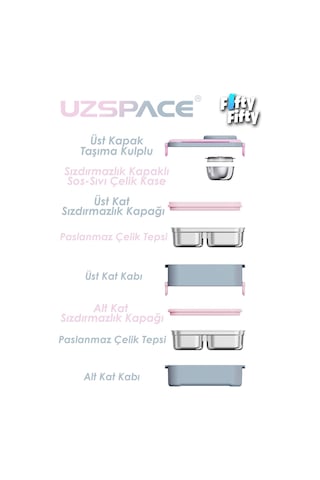 Uzspace 1200 Ml İki Kat Dört Bölme Paslanmaz Çelik Lunch Box Yeni Nesil Sefer Tası-sos Kaseli Model-fflbox8023 Pembe