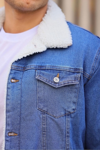 E-fendi Erkek Kürklü Denim Kot Mont Kışlık Sıcak Ve Şık Dış Giyim Mavi - Bej