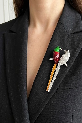 Caş Dekorasyon Kuş Model Taşlı Broş Çok Renkli