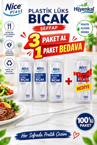 Nice Plast. Plastik Lüks Bıçak Şeffaf 100'lü 3 Paket Al 1 Paket Bedava Kampanya