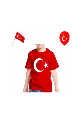 Masho Kids Unisex Baskılı Ay Yıldız Tshirt - Kırmız Renk Baskılı Tişört + Ba
