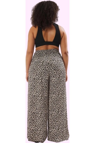 Frm Kadın Plaj Pantolonu Geniş Paça Viskoz Crinkle Dokuma Çiçekli Des siyah