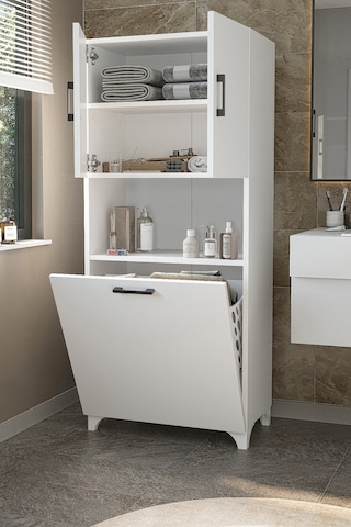 Bofigo Çok Amaçlı Dolap Banyo Dolabı Kirli Çamaşır Sepeti Dolabı Damla Beyaz Beyaz