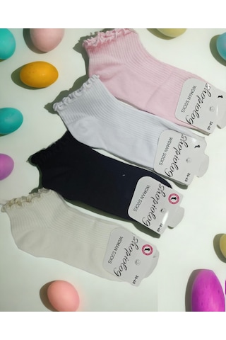 Shopiolog Sevimli Marul Desenli Bilek Çorabı 4'lü Paket Beyaz - Ekru - Siyah - Pembe Çok Renkli