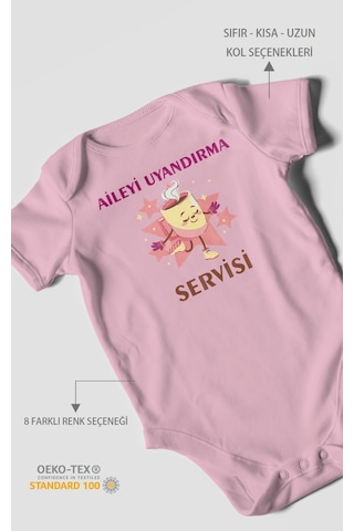 Aileyi Uyandırma Servisi Baskılı Bebek Zıbını Çıtçıtlı Body %100 Pamuk Kısa Kol Koyu Pembe