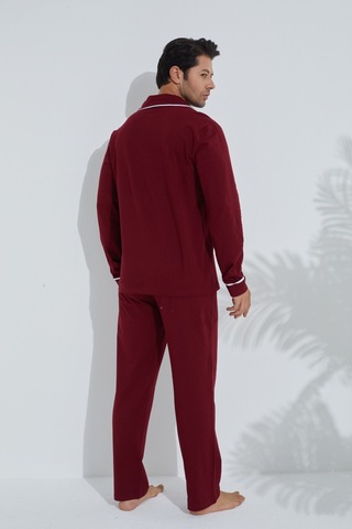 Siyah İnci Erkek Pamuklu Gömlek Yaka Düğmeli Biyeli Pijama Takım Bordo