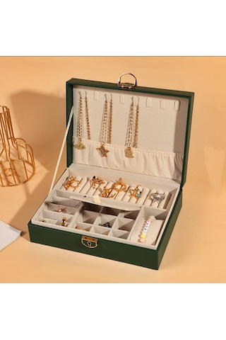 Mdl10- Yeşil Takı Kutusu Kilitli Deri Görünümlü Takı Düzenleyici