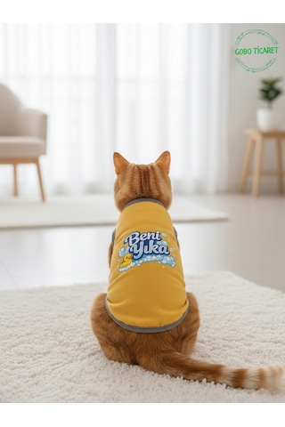 Sarı Beni Yıka Baskılı Kedi Ve Köpek Kıyafeti Evcil Hayvan Tişörtü Elbisesi Large/l/beden 3