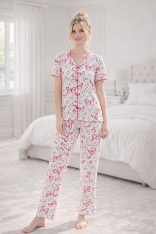 Kadın 01667 Kısa Kol Kaşkorse Pijama Takımı Çok Renkli