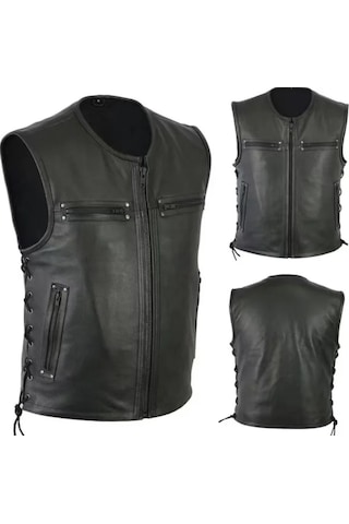 Cooper Hakiki Deri Yelek Yandan Bağcıklı Fermuar Kapamalı