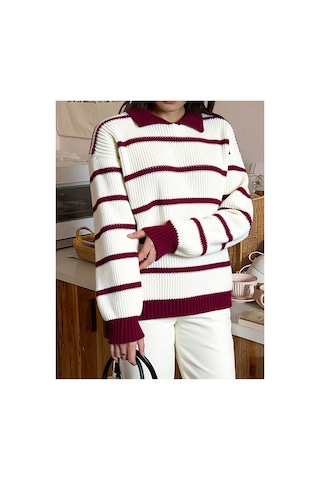 Meecy Selanik Örgü Polo Yaka Oversize Zr Model Kadın Triko Kazak Bej & Bordo Bej & Bordo