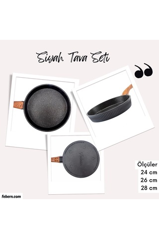 Febern Premium Bio Granit Alüminyum Döküm Nisch Tava Seti Siyah-koyu Ahşap Kulp