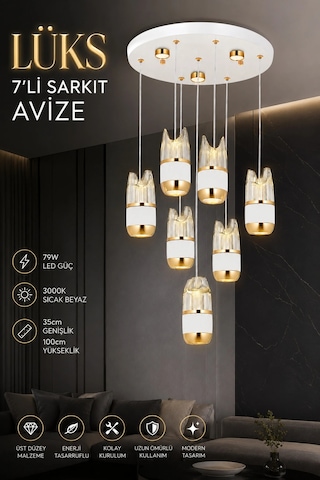 Modern Premium Lüks 7'li Sarkıt Led Avize Gold Beyaz Gövdeli Salon Avizesi 79w 3000k
