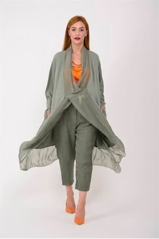 Bohem Stil Italyan Ipek Detaylı Oversize Kaftan & Bluz-8711 Açık Haki
