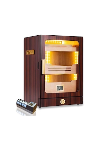 Cigarloong Camlı Işıklı Puro Kutusu Humidor Ceviz 200's Cigarspa Elektronik Nemlendirme